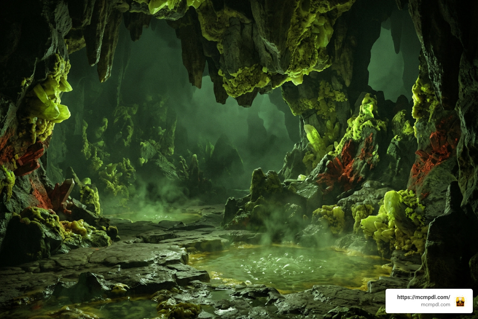 Sulfur Cave biome with green fog and glowing sulfur springs Sulfur Cave biome with green fog and glowing sulfur springs