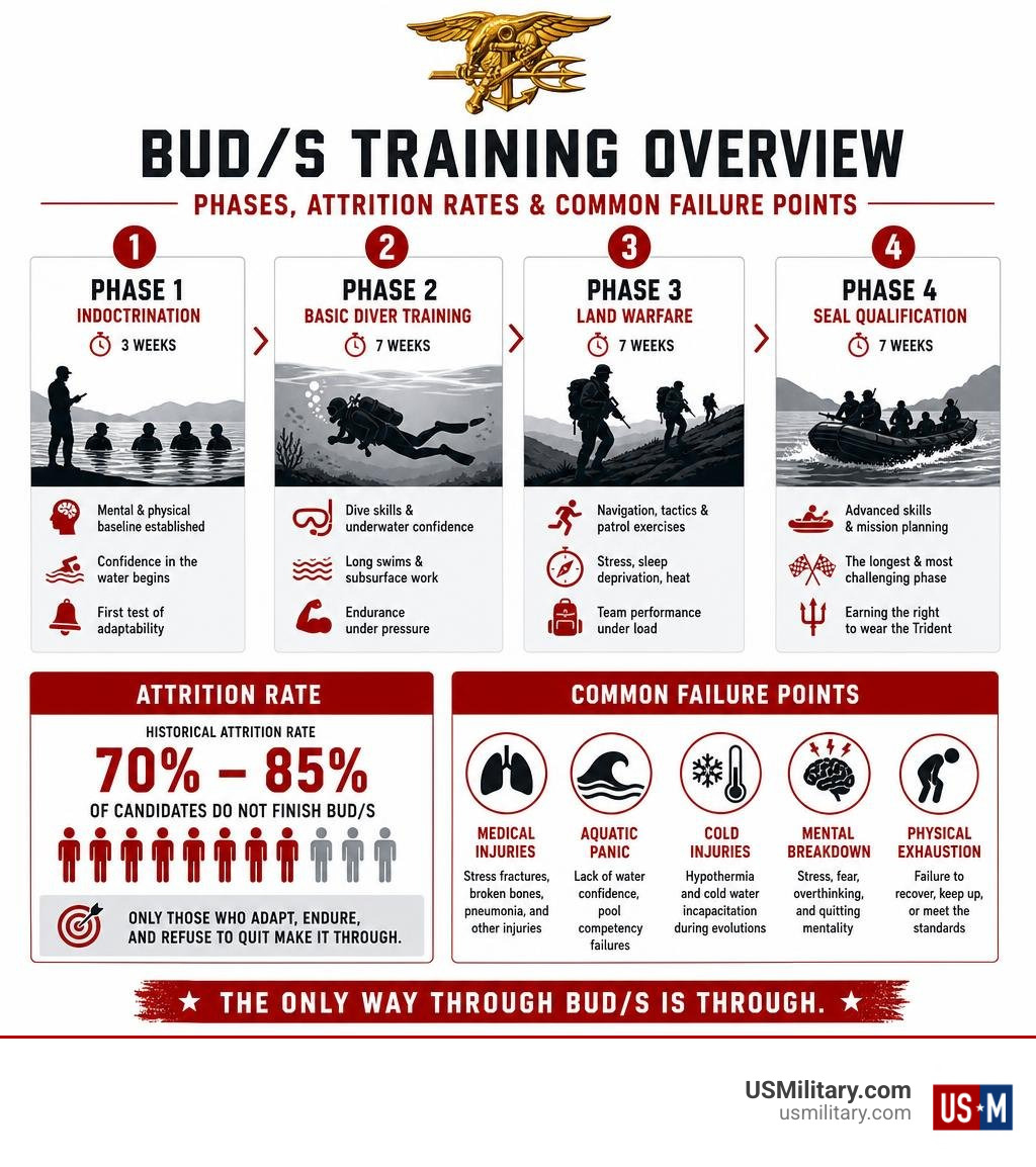 Overview of BUD/S training phases attrition rates and common failure points infographic