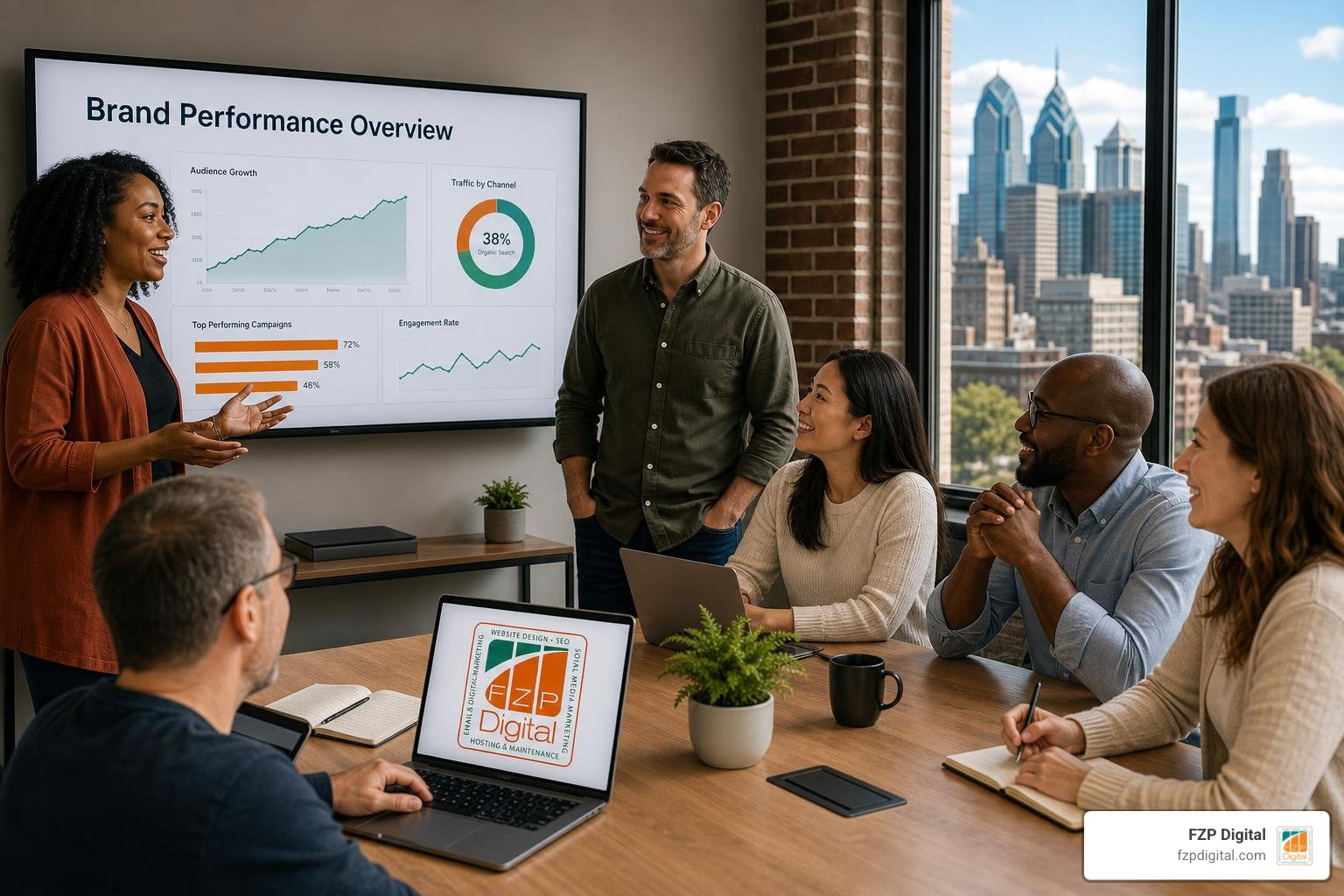Executive agency leadership presenting data dashboards to brand stakeholders Executive agency leadership presenting data dashboards to brand stakeholders