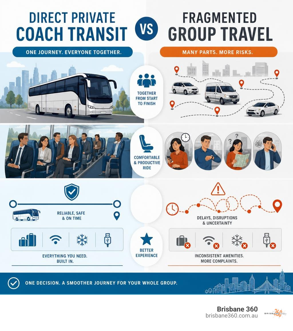 Comparison of direct private coach transit versus fragmented group travel infographic