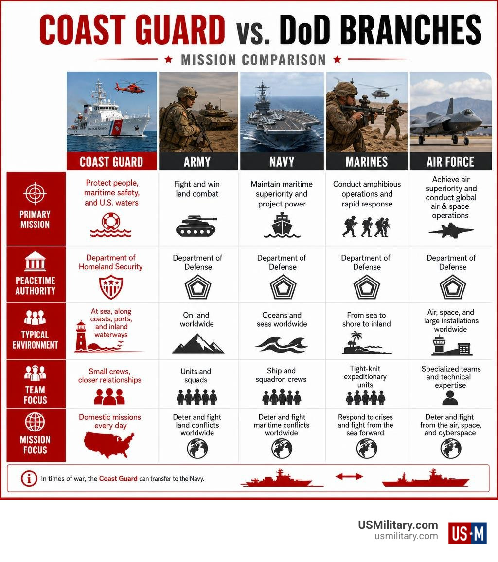 Infographic comparing Coast Guard and DoD branch missions infographic Infographic comparing Coast Guard and DoD branch missions infographic