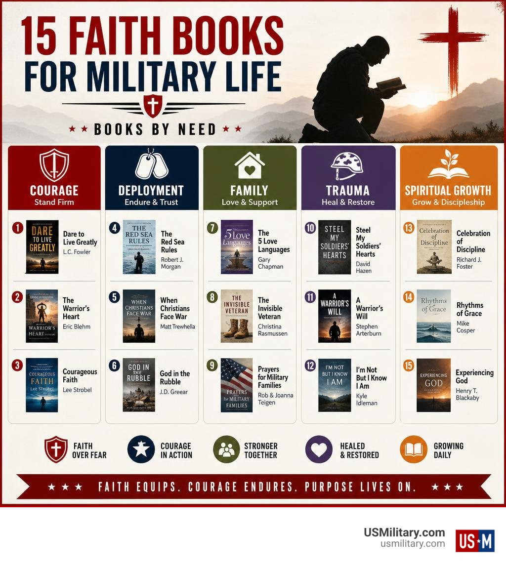 Infographic of 15 military faith books by need: courage, deployment, family, trauma, spiritual growth infographic Infographic of 15 military faith books by need: courage, deployment, family, trauma, spiritual growth infographic