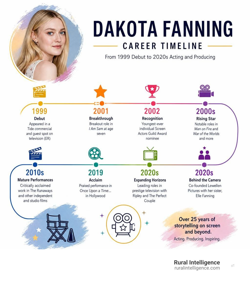 Dakota Fanning career timeline from 1999 debut to 2020s acting and producing infographic Dakota Fanning career timeline from 1999 debut to 2020s acting and producing infographic