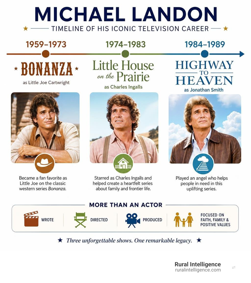 Timeline of Michael Landon's Bonanza, Little House, and Highway to Heaven career infographic Timeline of Michael Landon's Bonanza, Little House, and Highway to Heaven career infographic