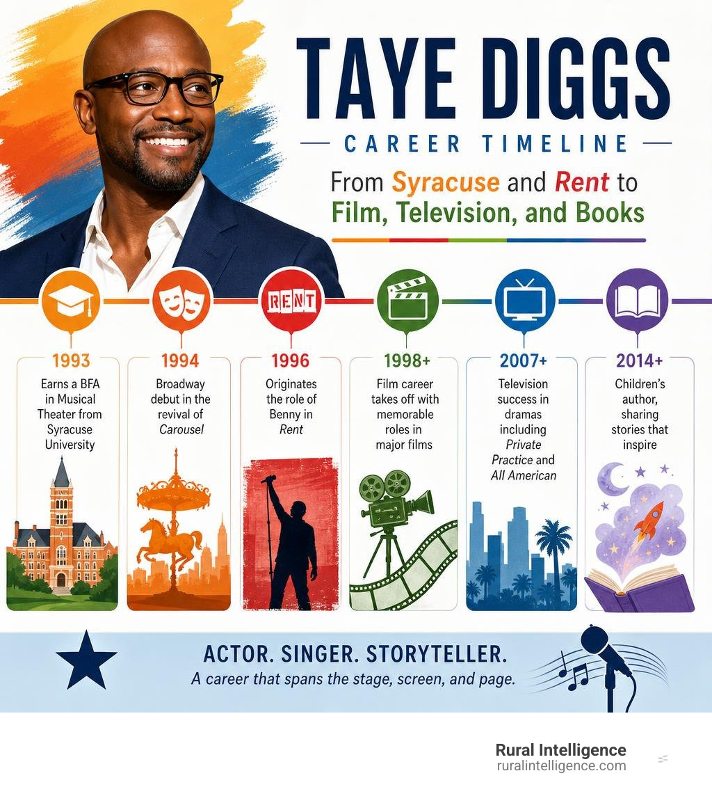 Taye Diggs career timeline from Syracuse and Rent to film television and books infographic Taye Diggs career timeline from Syracuse and Rent to film television and books infographic