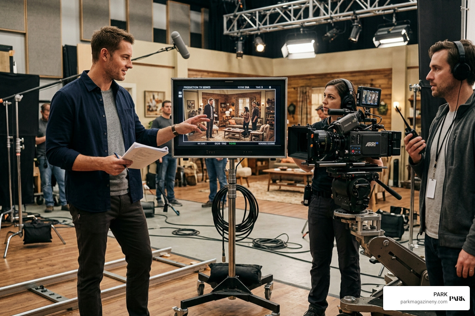 Justin Hartley on a television production set