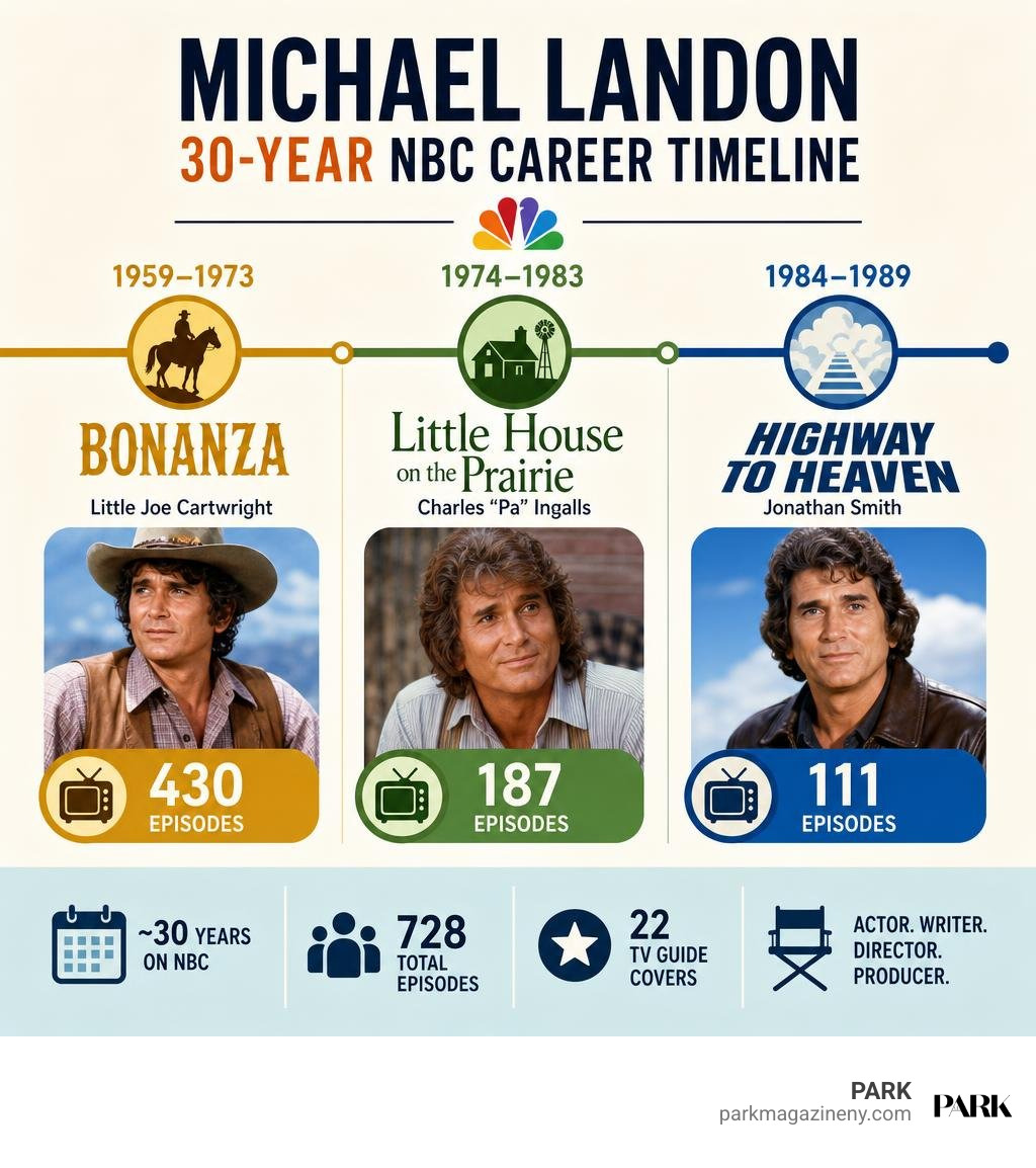 Michael Landon 30-year NBC career timeline infographic
