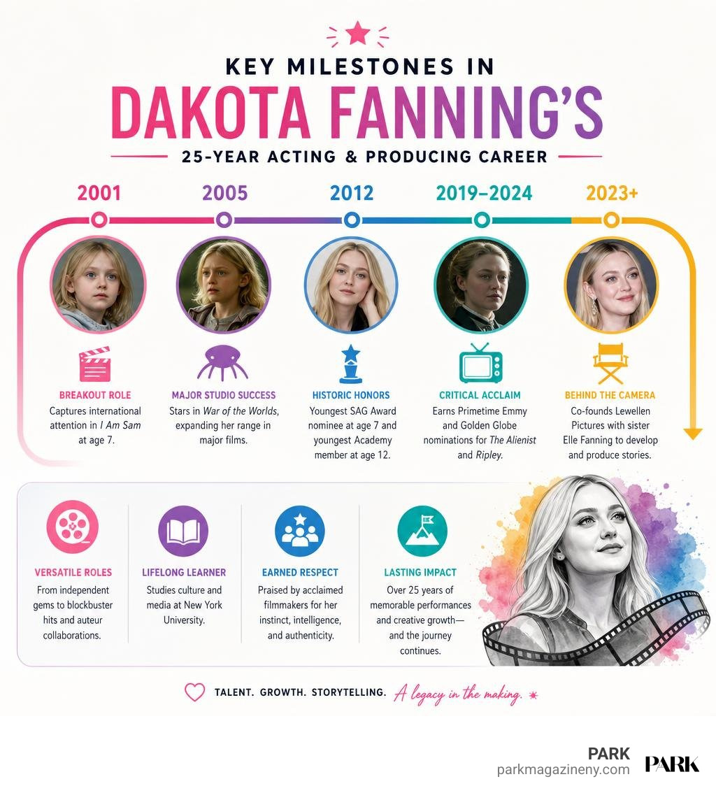 Key milestones in Dakota Fanning's 25-year acting and producing career infographic