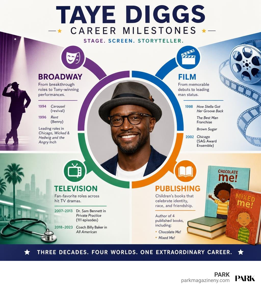 Overview of Taye Diggs's career milestones across Broadway, film, television, and publishing infographic Overview of Taye Diggs's career milestones across Broadway, film, television, and publishing infographic