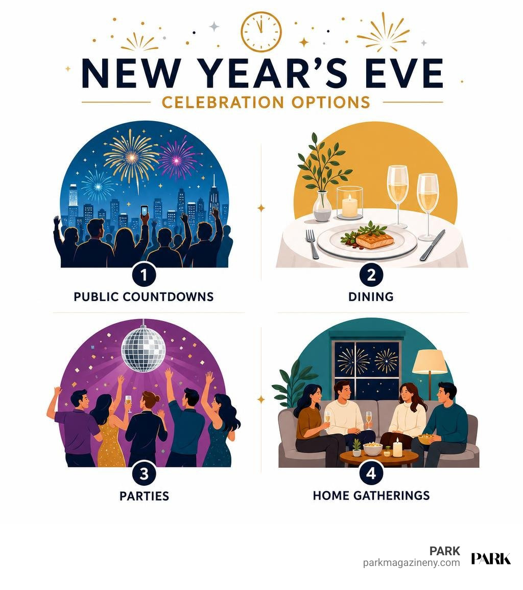 New Year's Eve celebration options: public countdowns, dining, parties, and home gatherings infographic