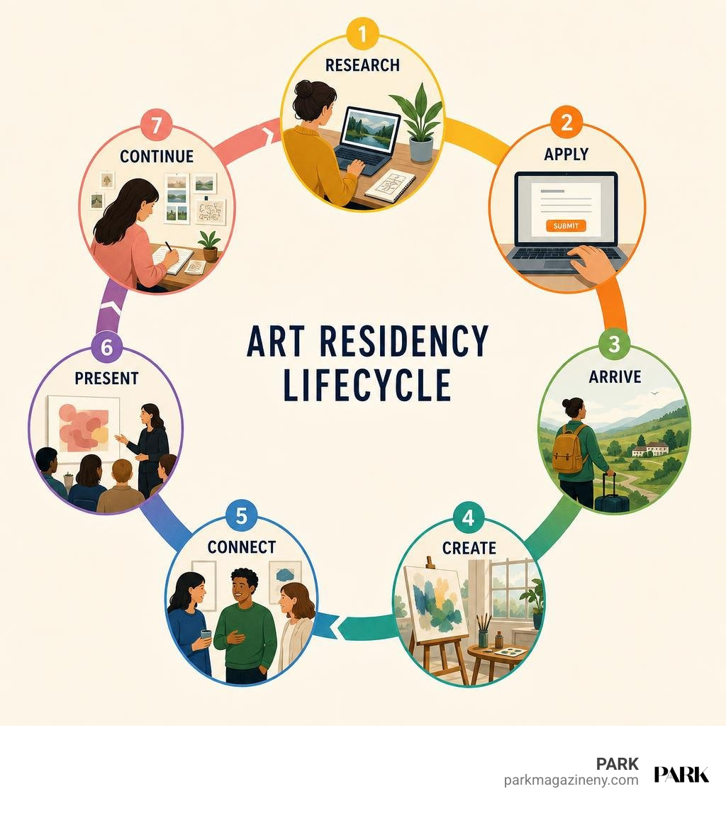 Art residency lifecycle: research, apply, arrive, create, connect, present, continue infographic