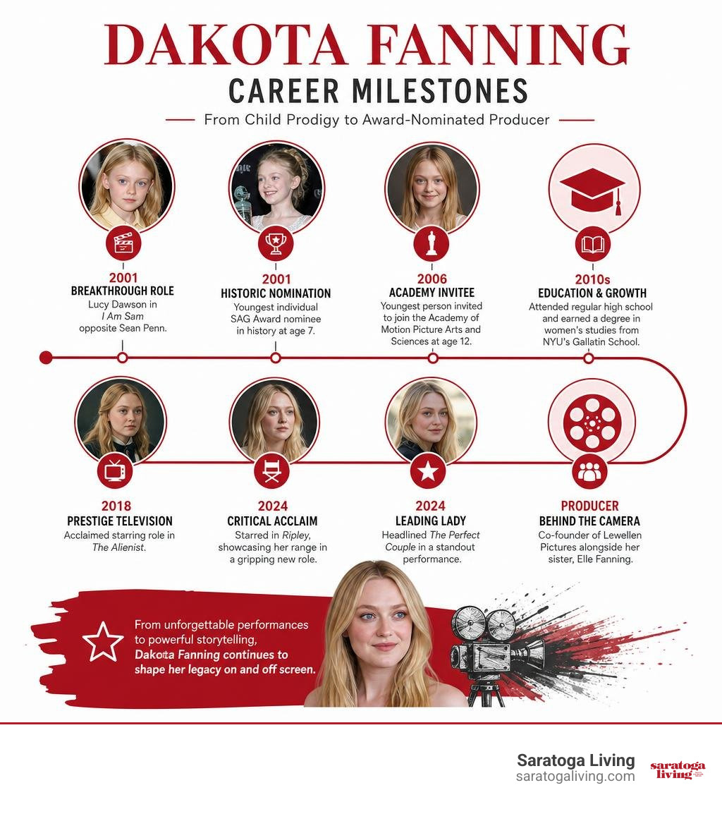 Dakota Fanning career milestones timeline from child prodigy to award-nominated producer infographic Dakota Fanning career milestones timeline from child prodigy to award-nominated producer infographic
