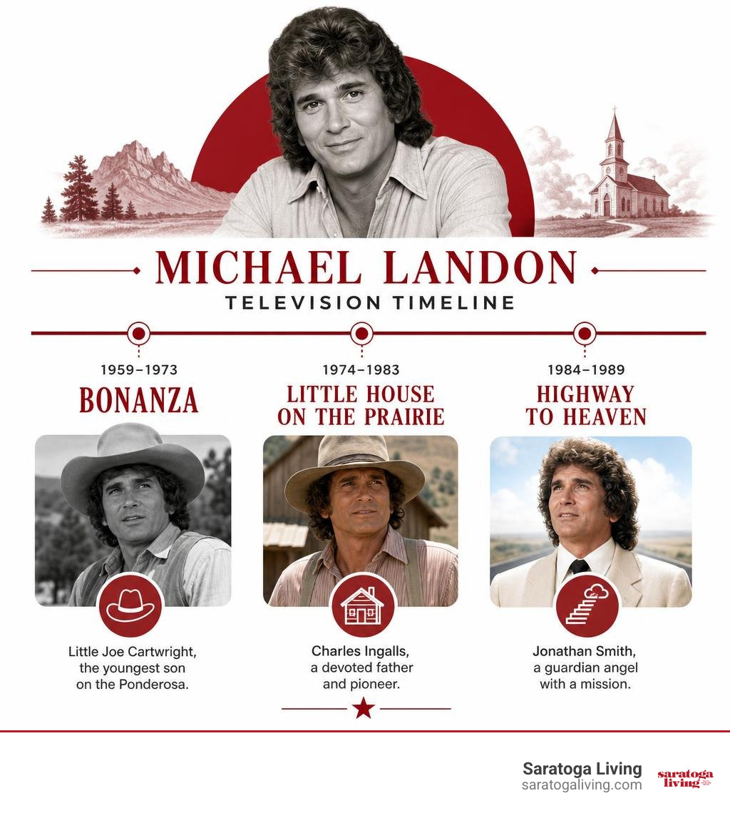 Michael Landon television timeline: Bonanza, Little House on the Prairie, Highway to Heaven infographic Michael Landon television timeline: Bonanza, Little House on the Prairie, Highway to Heaven infographic