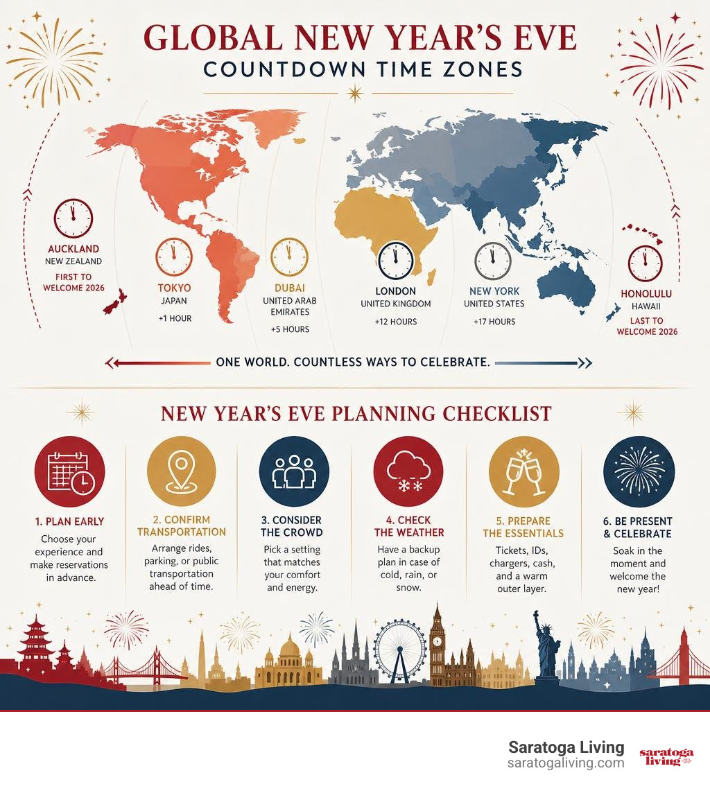 Global New Year's Eve countdown time zones and planning checklist infographic Global New Year's Eve countdown time zones and planning checklist infographic