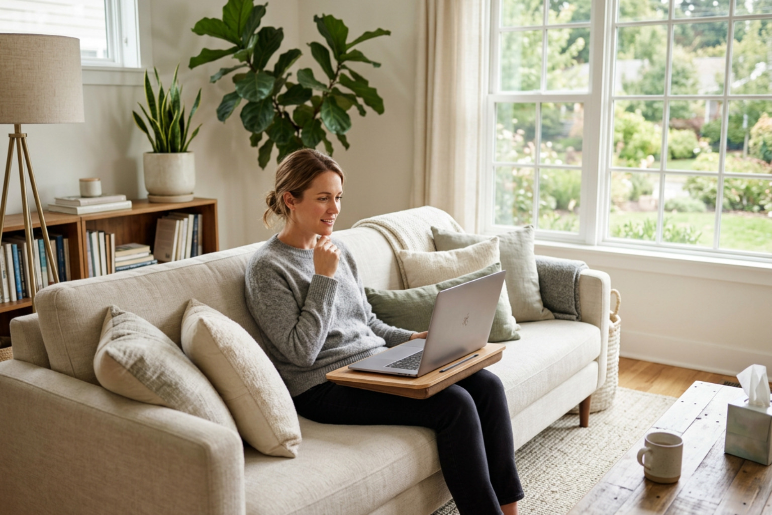 A bright, comfortable living room with a woman having a supportive teletherapy session on her laptop