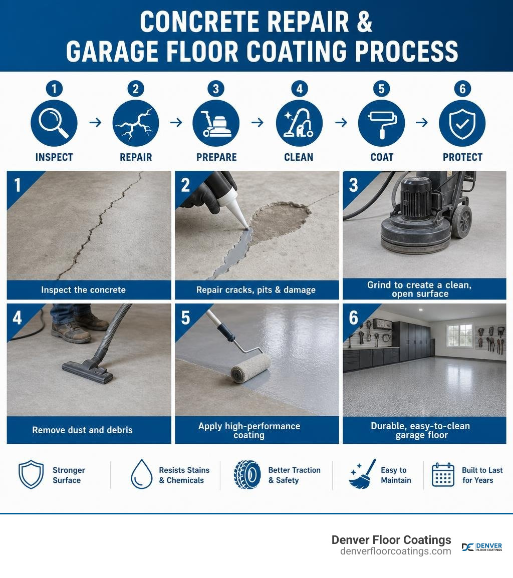 Concrete repair and garage floor coating process infographic