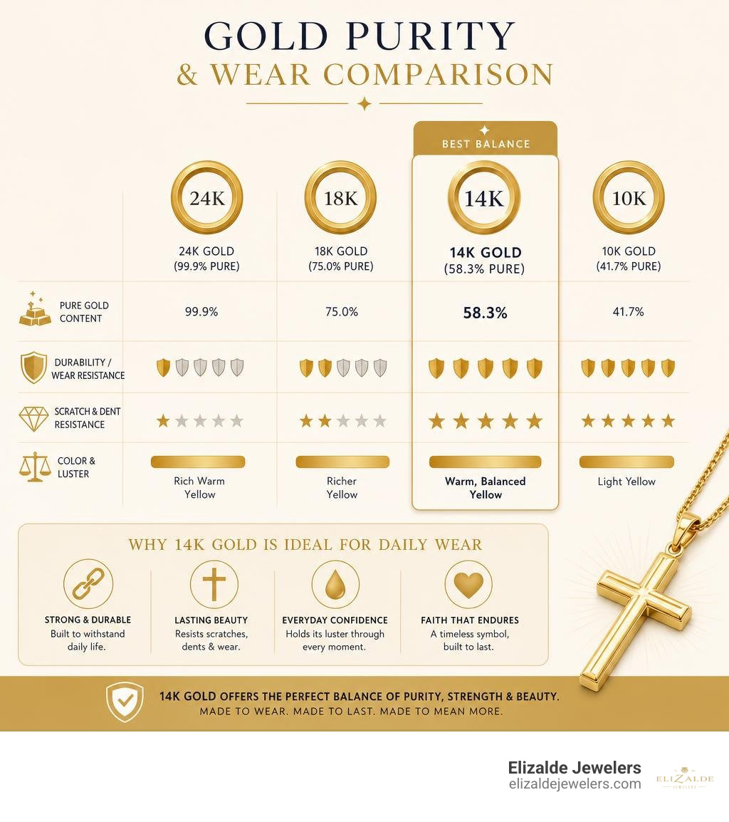 Comparison of gold purities and wear characteristics infographic