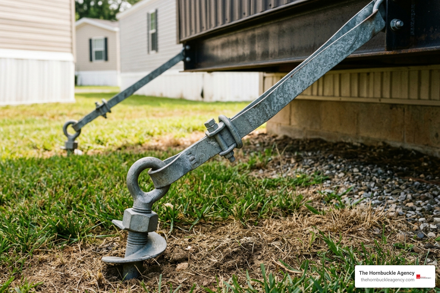 HUD-compliant ground anchors and heavy-duty steel tie-downs on a manufactured home HUD-compliant ground anchors and heavy-duty steel tie-downs on a manufactured home
