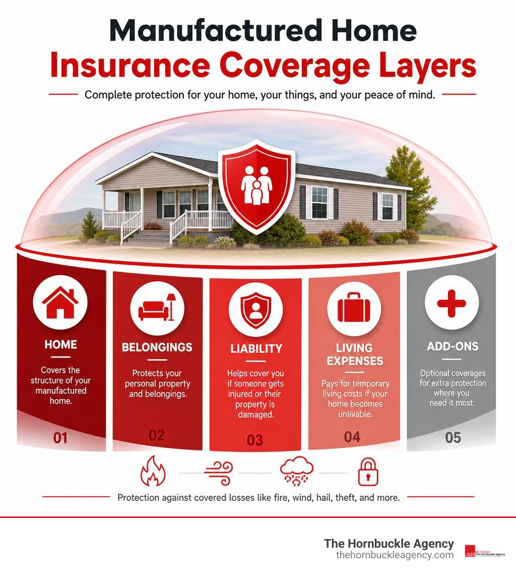 Manufactured home insurance coverage layers: home, belongings, liability, living expenses, add-ons infographic Manufactured home insurance coverage layers: home, belongings, liability, living expenses, add-ons infographic