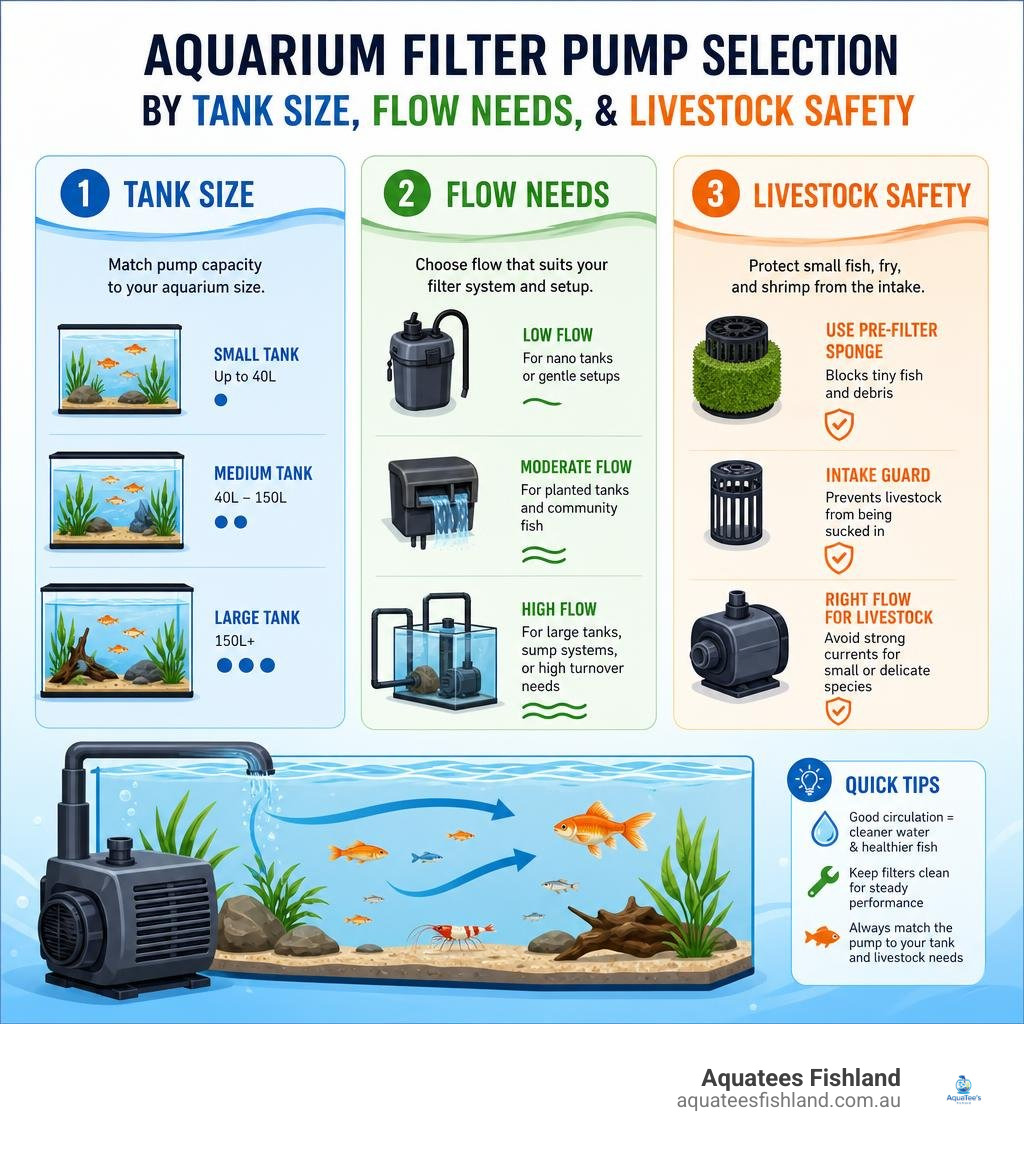 Aquarium filter pump selection by tank size, flow needs, and livestock safety infographic