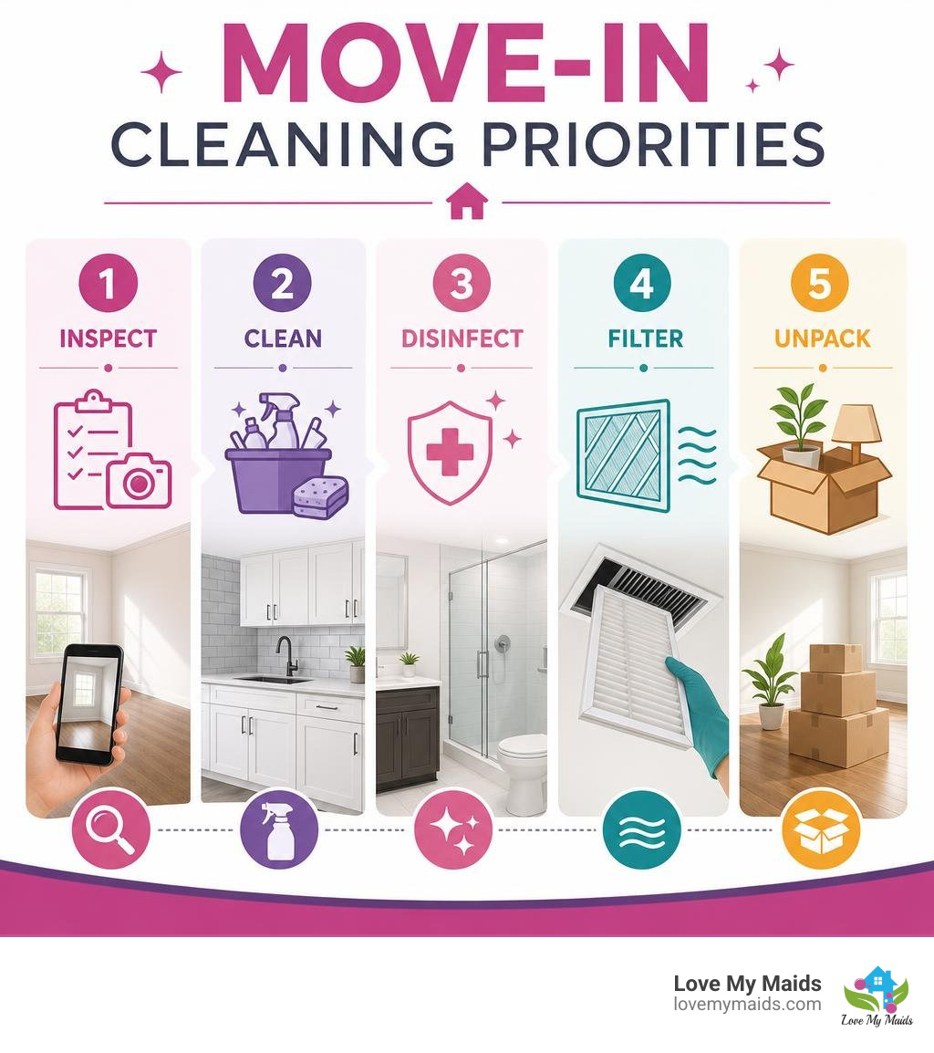 Move-in cleaning priorities: inspect, clean, disinfect, filter, unpack infographic infographic Move-in cleaning priorities: inspect, clean, disinfect, filter, unpack infographic infographic