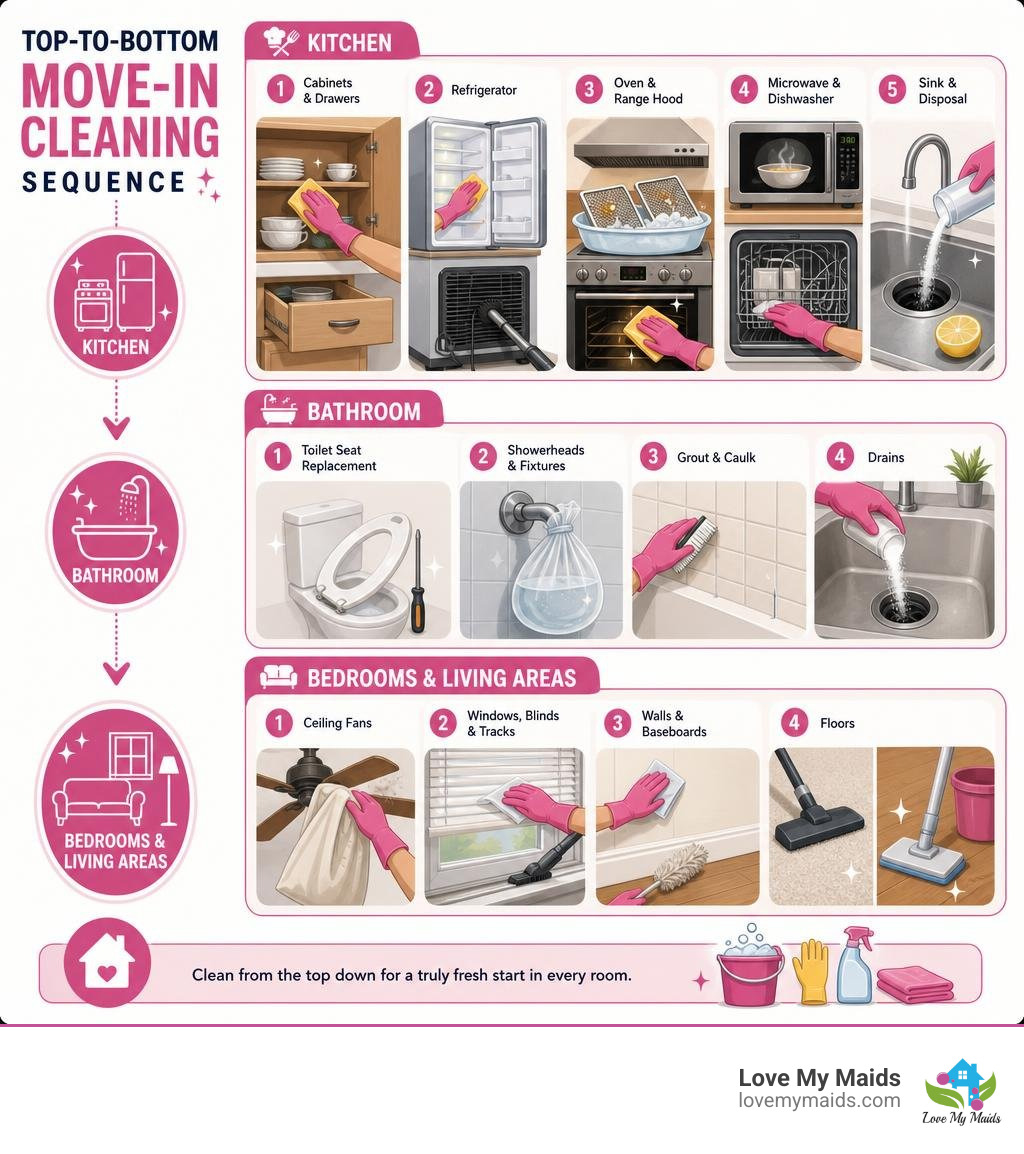 Top-to-bottom move-in cleaning sequence diagram infographic Top-to-bottom move-in cleaning sequence diagram infographic