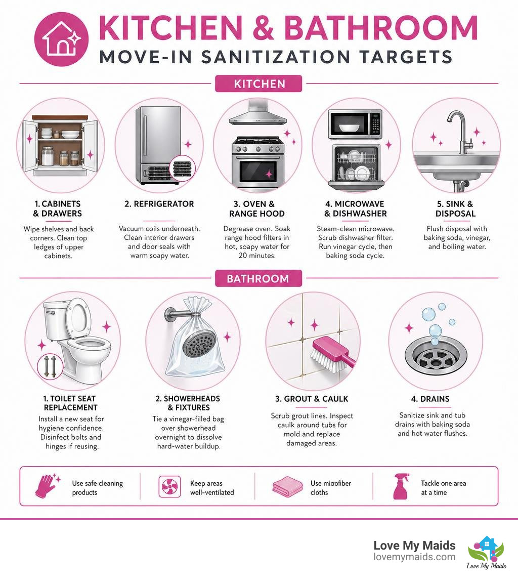 Kitchen and bathroom move-in sanitization targets infographic Kitchen and bathroom move-in sanitization targets infographic
