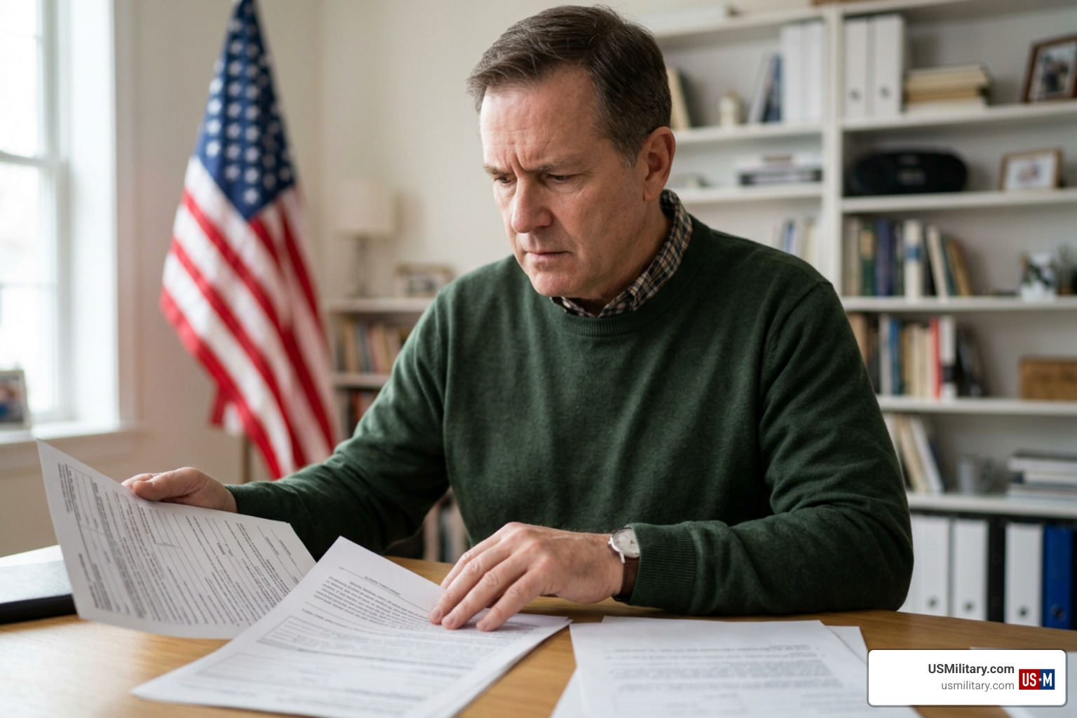 US military veteran examining disability benefit paperwork