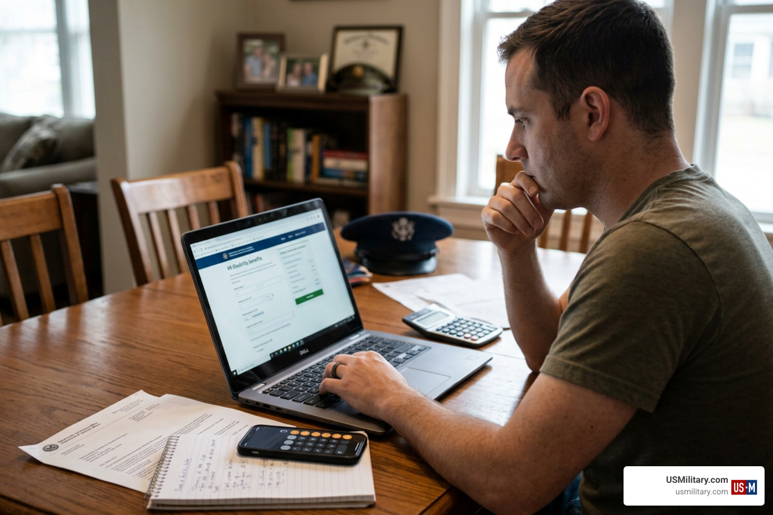 US military veteran organizing service records and medical paperwork