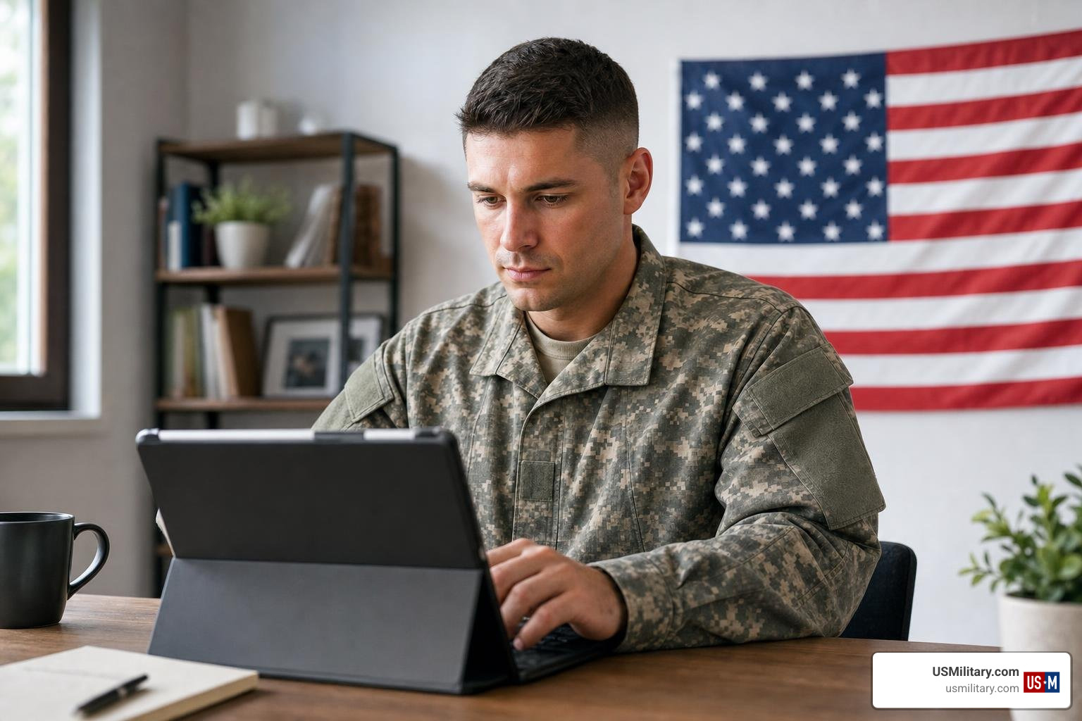 American soldier utilizing digital tools for military benefit calculations