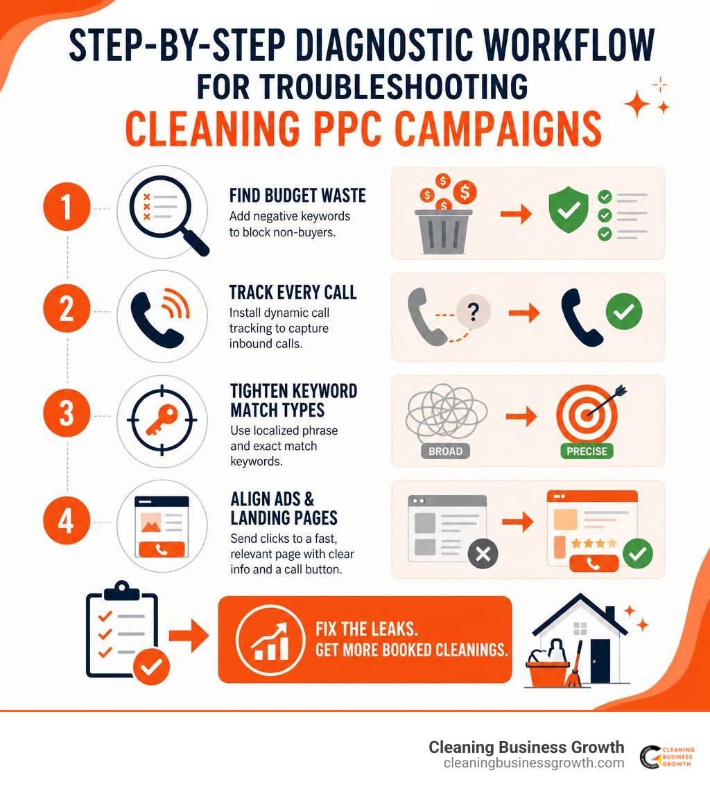 step-by-step diagnostic workflow for troubleshooting cleaning PPC campaigns infographic step-by-step diagnostic workflow for troubleshooting cleaning PPC campaigns infographic