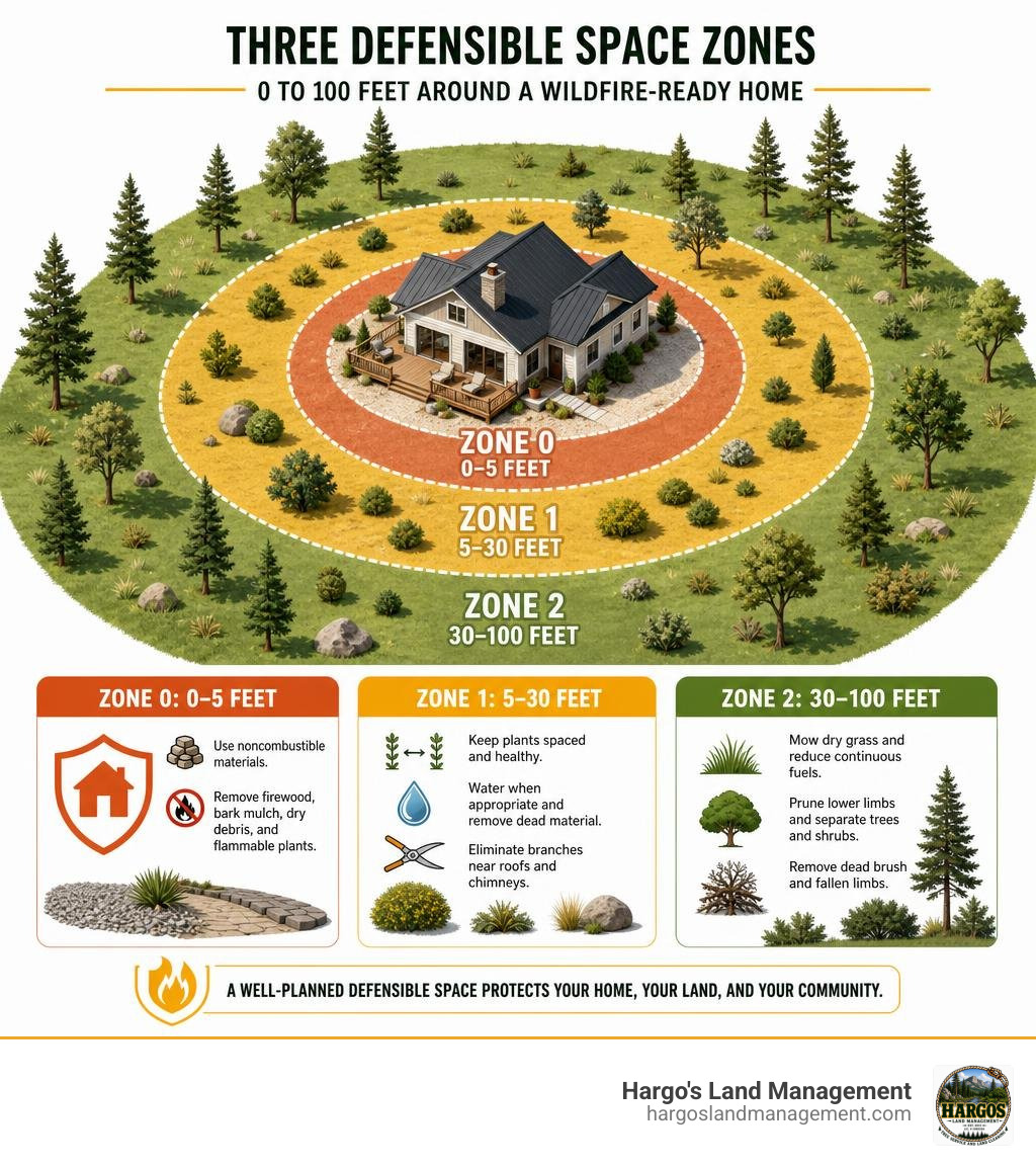three defensible space zones from 0 to 100 feet around a wildfire-ready home infographic three defensible space zones from 0 to 100 feet around a wildfire-ready home infographic