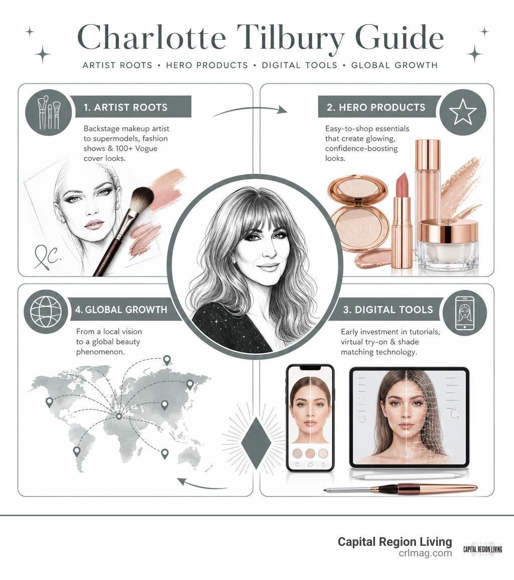 Charlotte Tilbury guide: artist roots, hero products, digital tools, global growth infographic