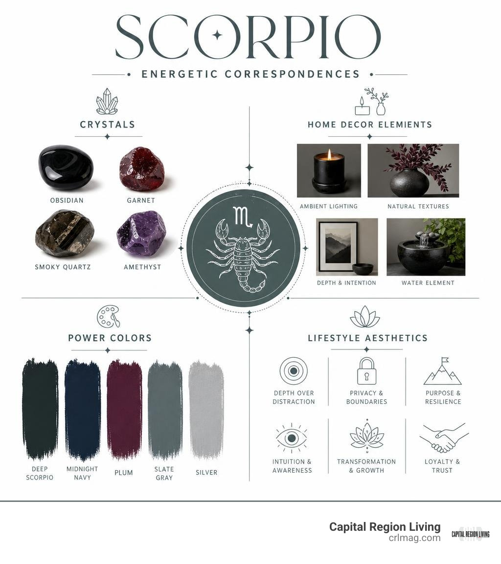 Scorpio energetic correspondences: crystals, home decor elements, power colors, and lifestyle aesthetics infographic Scorpio energetic correspondences: crystals, home decor elements, power colors, and lifestyle aesthetics infographic
