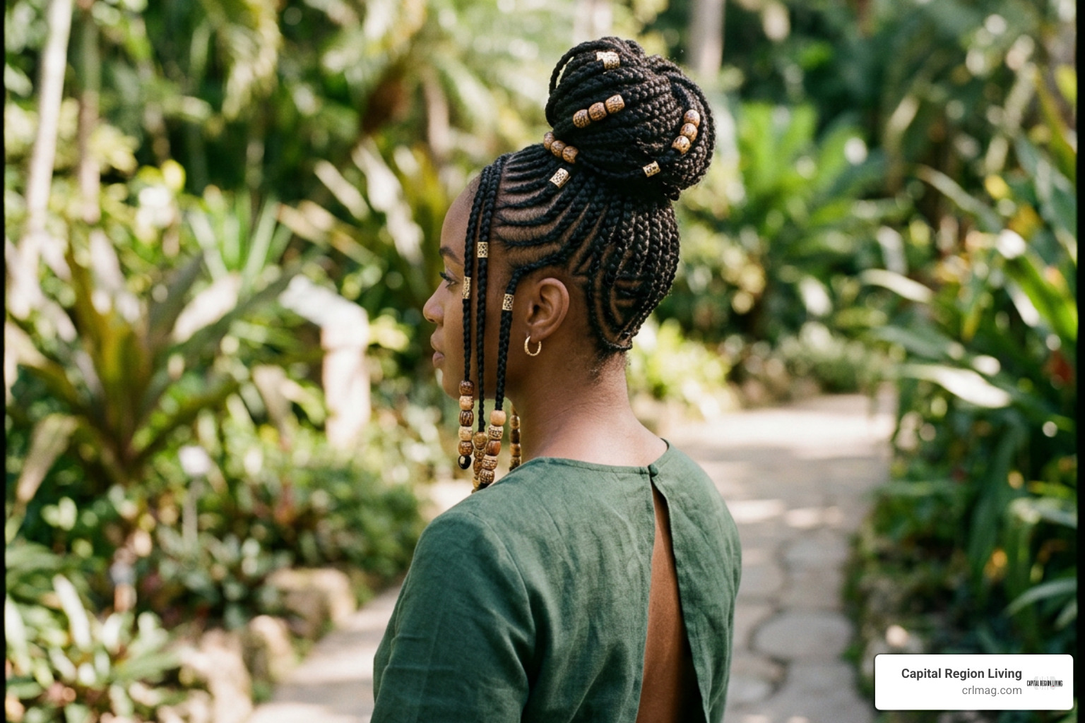 A half-up high bun styled with wooden beads and metallic cuffs A half-up high bun styled with wooden beads and metallic cuffs