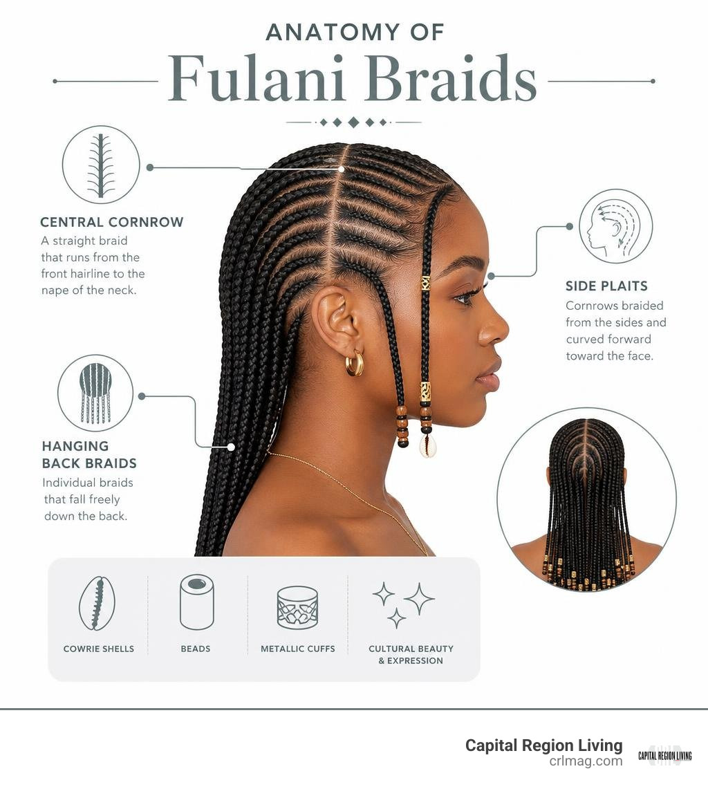 Anatomy of Fulani braids showing central cornrow, side plaits, and hanging back braids infographic Anatomy of Fulani braids showing central cornrow, side plaits, and hanging back braids infographic