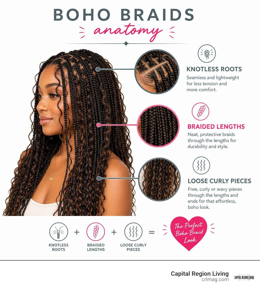 Boho braids anatomy: knotless roots, braided lengths, and loose curly pieces infographic Boho braids anatomy: knotless roots, braided lengths, and loose curly pieces infographic
