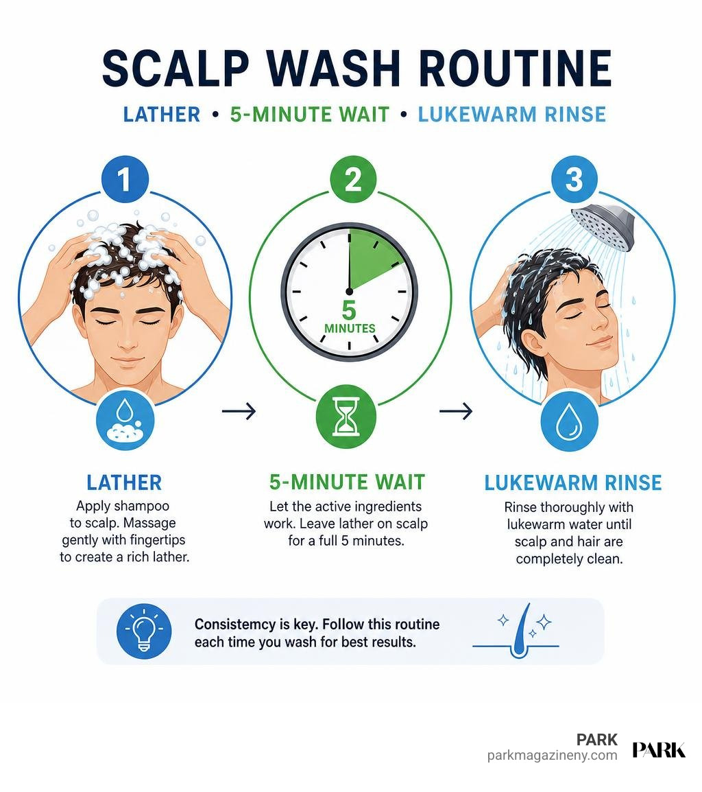 Infographic detailing step-by-step scalp wash routine: lather, 5-minute wait, lukewarm rinse infographic Infographic detailing step-by-step scalp wash routine: lather, 5-minute wait, lukewarm rinse infographic