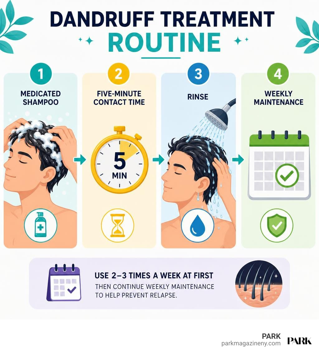 Dandruff treatment routine: medicated shampoo, five-minute contact time, rinse, weekly maintenance infographic Dandruff treatment routine: medicated shampoo, five-minute contact time, rinse, weekly maintenance infographic