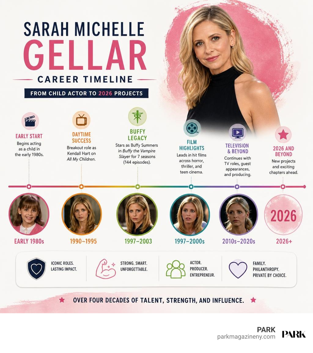 Sarah Michelle Gellar career timeline from child actor to 2026 projects infographic