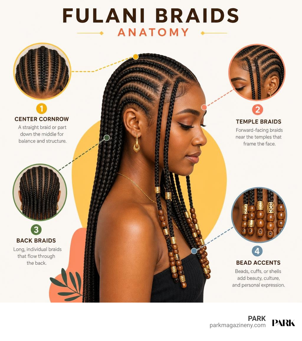 Fulani braids anatomy: center cornrow, temple braids, back braids, and bead accents infographic Fulani braids anatomy: center cornrow, temple braids, back braids, and bead accents infographic