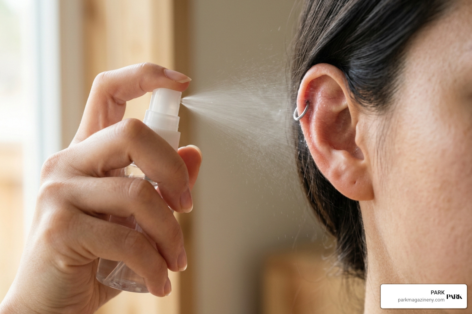 proper saline spray aftercare application on helix piercing