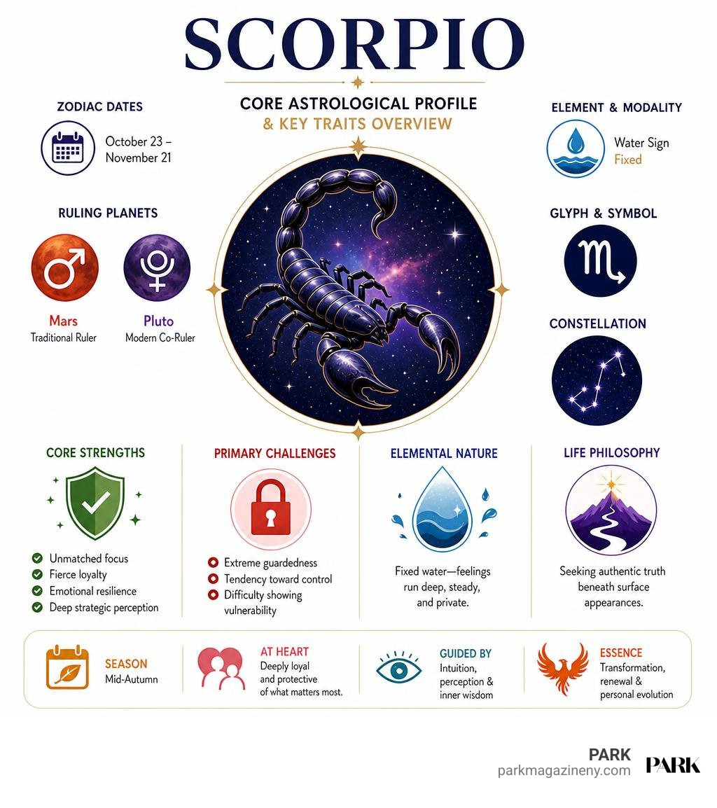 Scorpio core astrological profile and key traits overview infographic Scorpio core astrological profile and key traits overview infographic