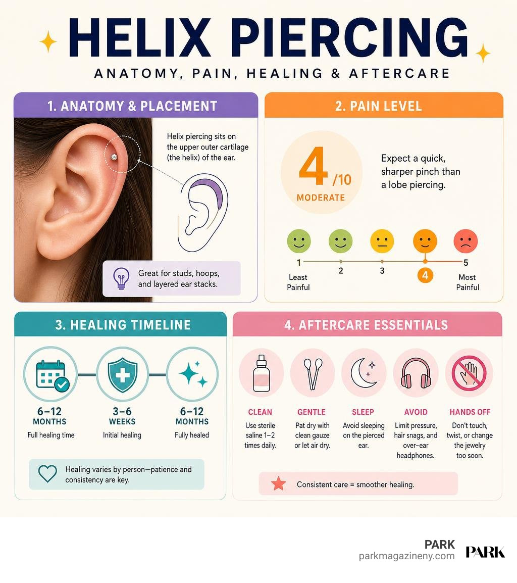 Helix piercing anatomy, pain level, healing timeline, and aftercare essentials infographic