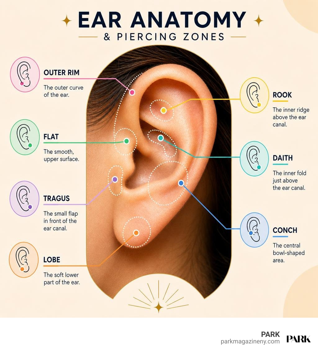 Ear anatomy and piercing zones: lobe, outer rim, flat, conch, tragus, rook and daith infographic