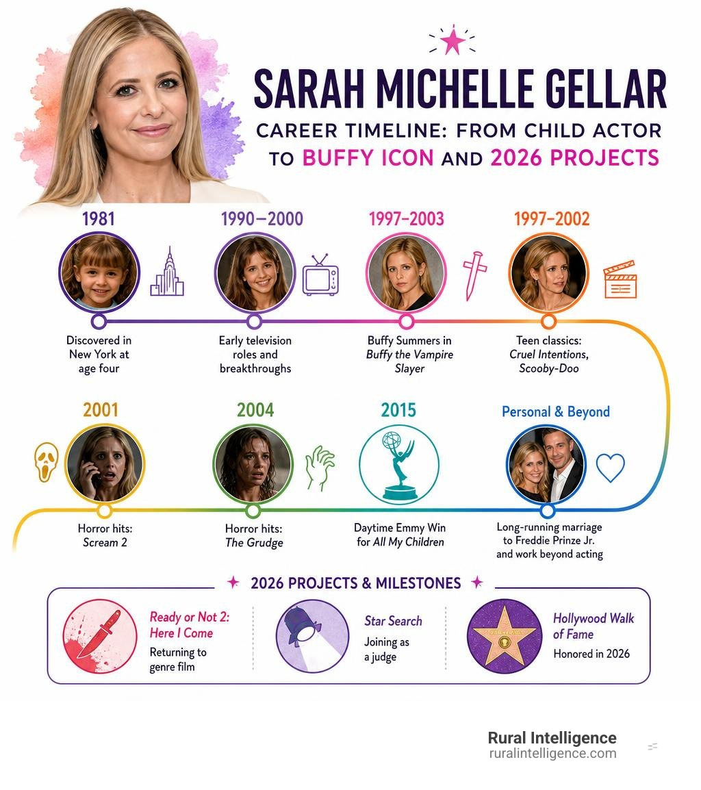 Sarah Michelle Gellar career timeline from child actor to Buffy icon and 2026 projects infographic Sarah Michelle Gellar career timeline from child actor to Buffy icon and 2026 projects infographic