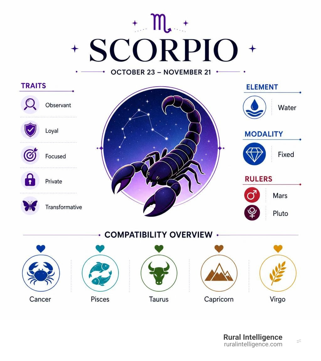 Scorpio traits, Water element, fixed modality, Mars and Pluto rulers, and compatibility overview infographic