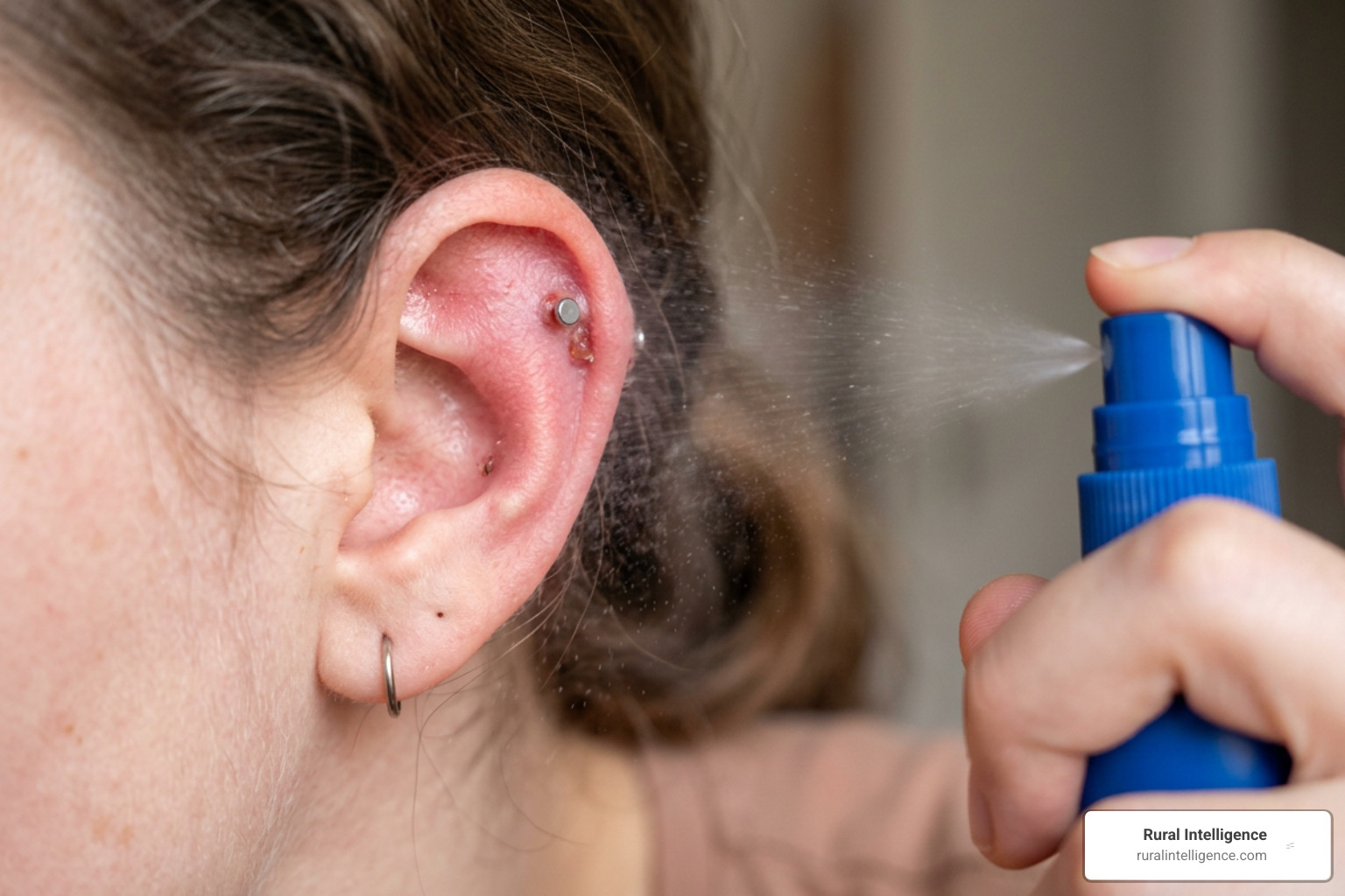 Proper application of sterile saline mist directly onto a healing helix piercing