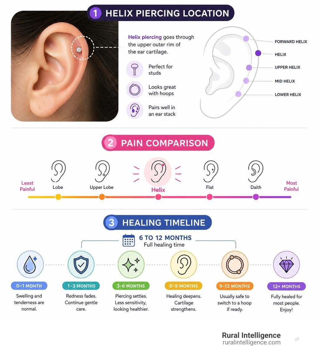Helix piercing location, pain comparison, and 6 to 12 month healing timeline infographic