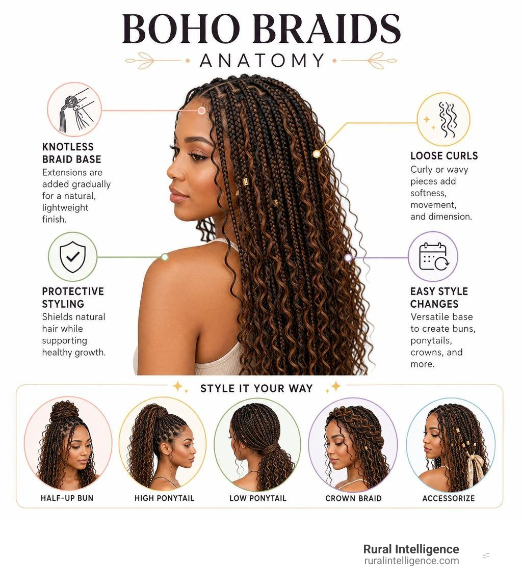 Boho braids anatomy: knotless braid base, loose curls, protective styling and easy style changes infographic Boho braids anatomy: knotless braid base, loose curls, protective styling and easy style changes infographic